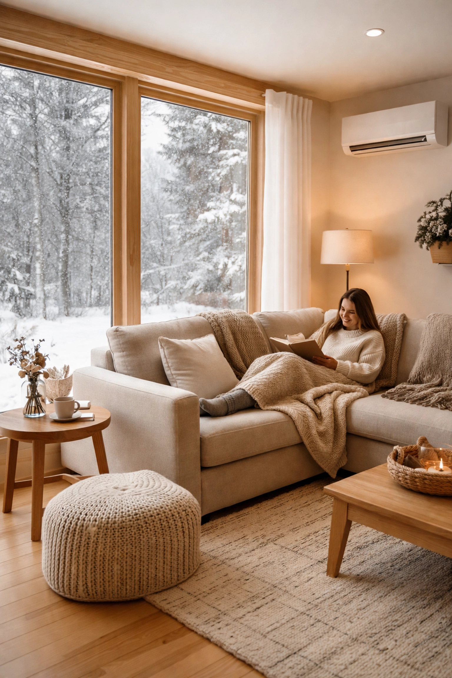 Homeowner enjoying warmth from a mini-split system during winter in a cozy Maine residence