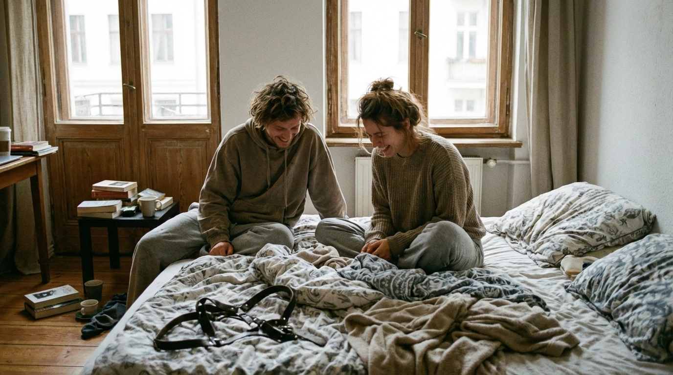 Candid morning natural light in a messy apartment bedroom, two adults on the edge of the bed with nervous laughter, a harness on the sheets