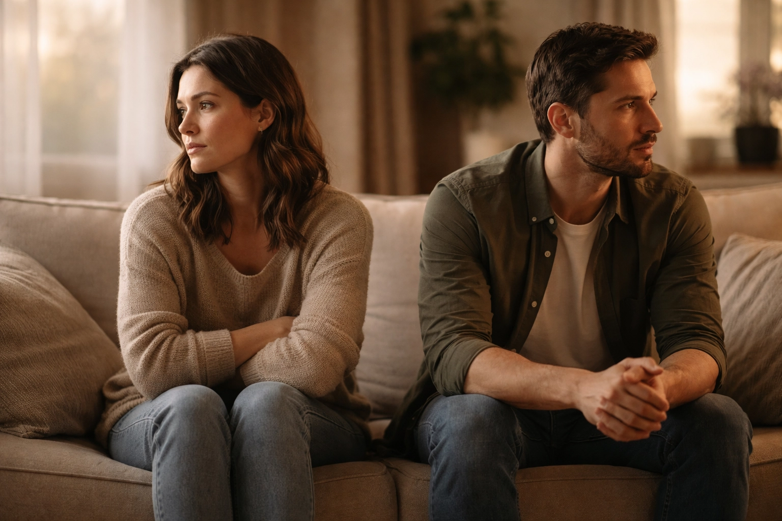 Pár diszkrét távolságban ül a kanapén, szexuális problémák miatti érzelmi eltávolodás tükröződik.