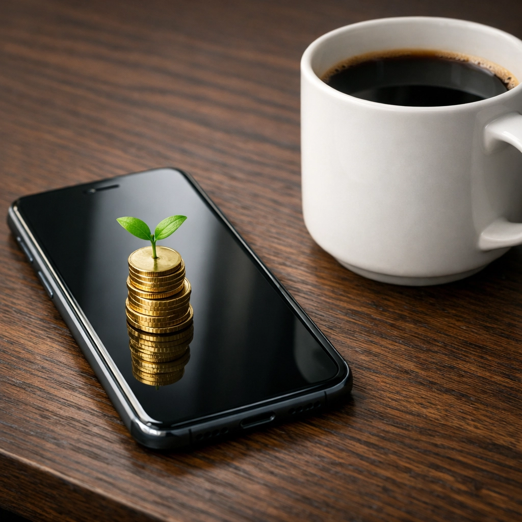 Smartphone on a desk reflecting gold coins and a green leaf to represent mindful spending priorities.