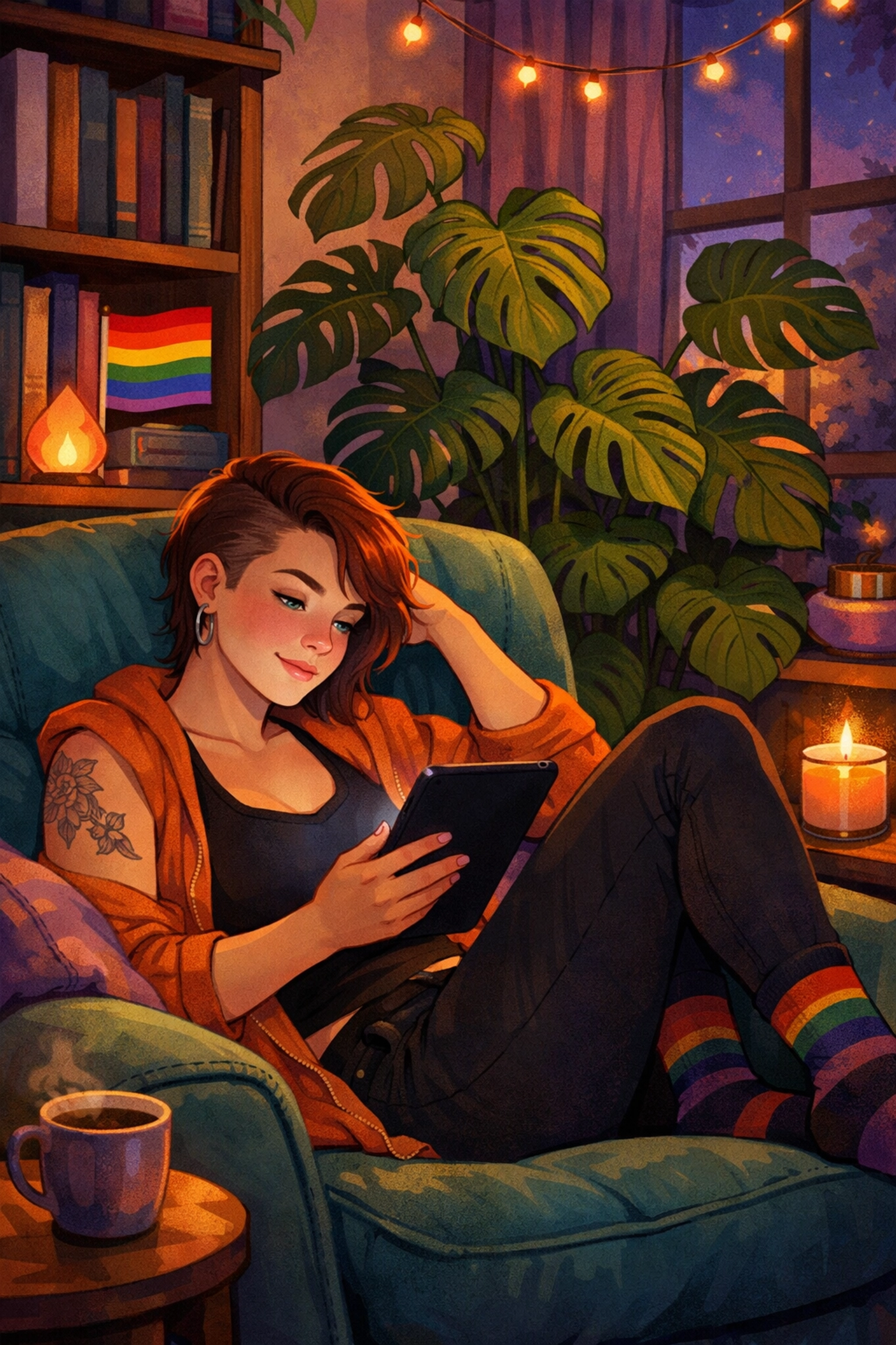 A lesbian woman reading a new LGBTQ+ eBook release in a cozy, affirming home sanctuary.