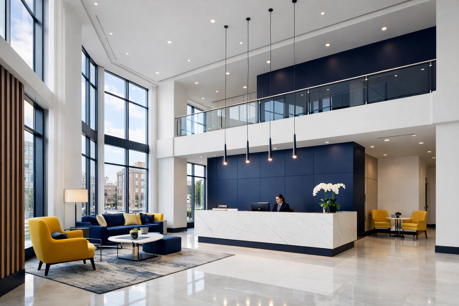 Modern commercial office lobby in Malden, MA, featuring spotless floors and professional cleaning.