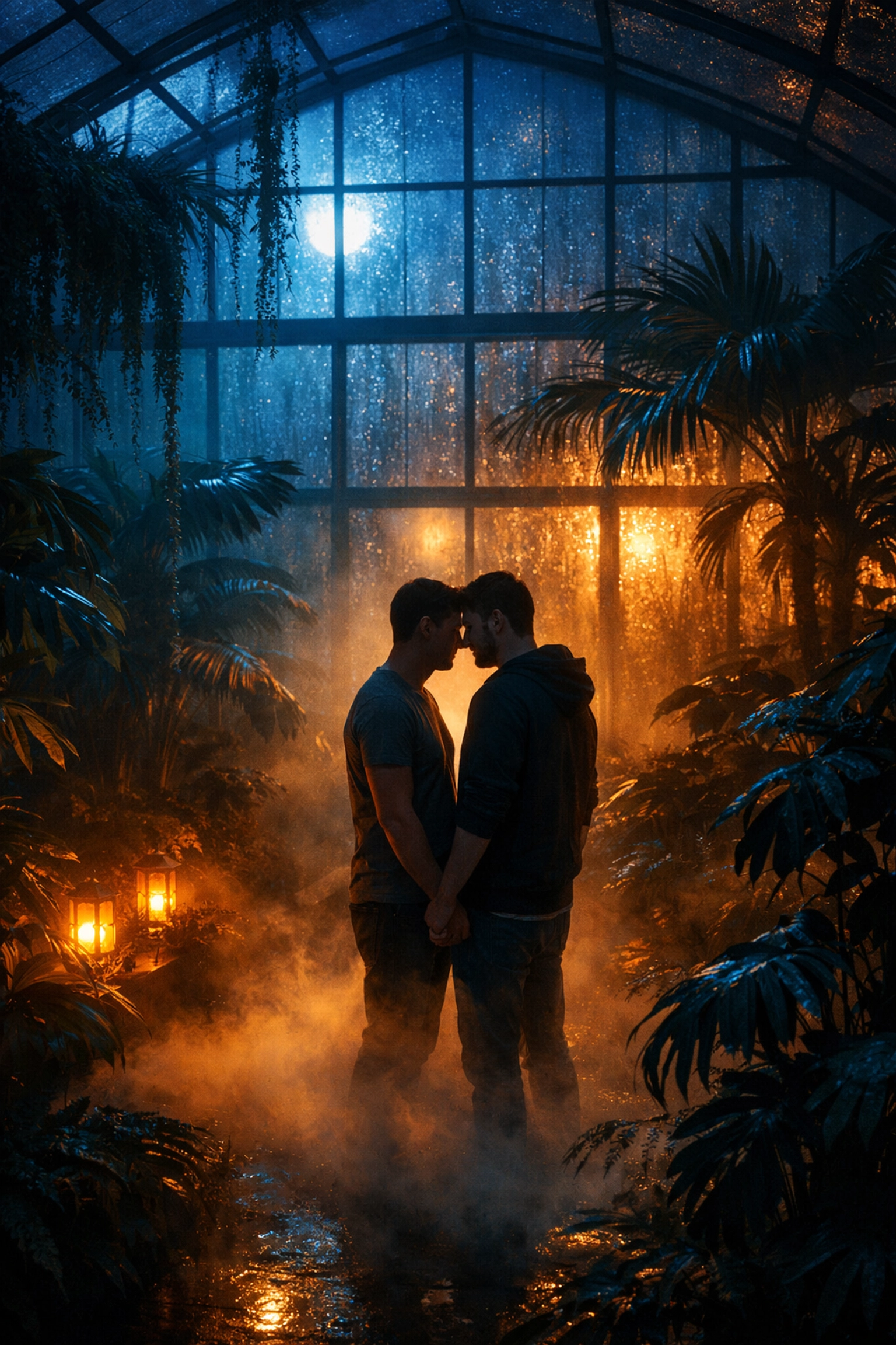 Two gay men connecting in greenhouse at midnight surrounded by tropical plants
