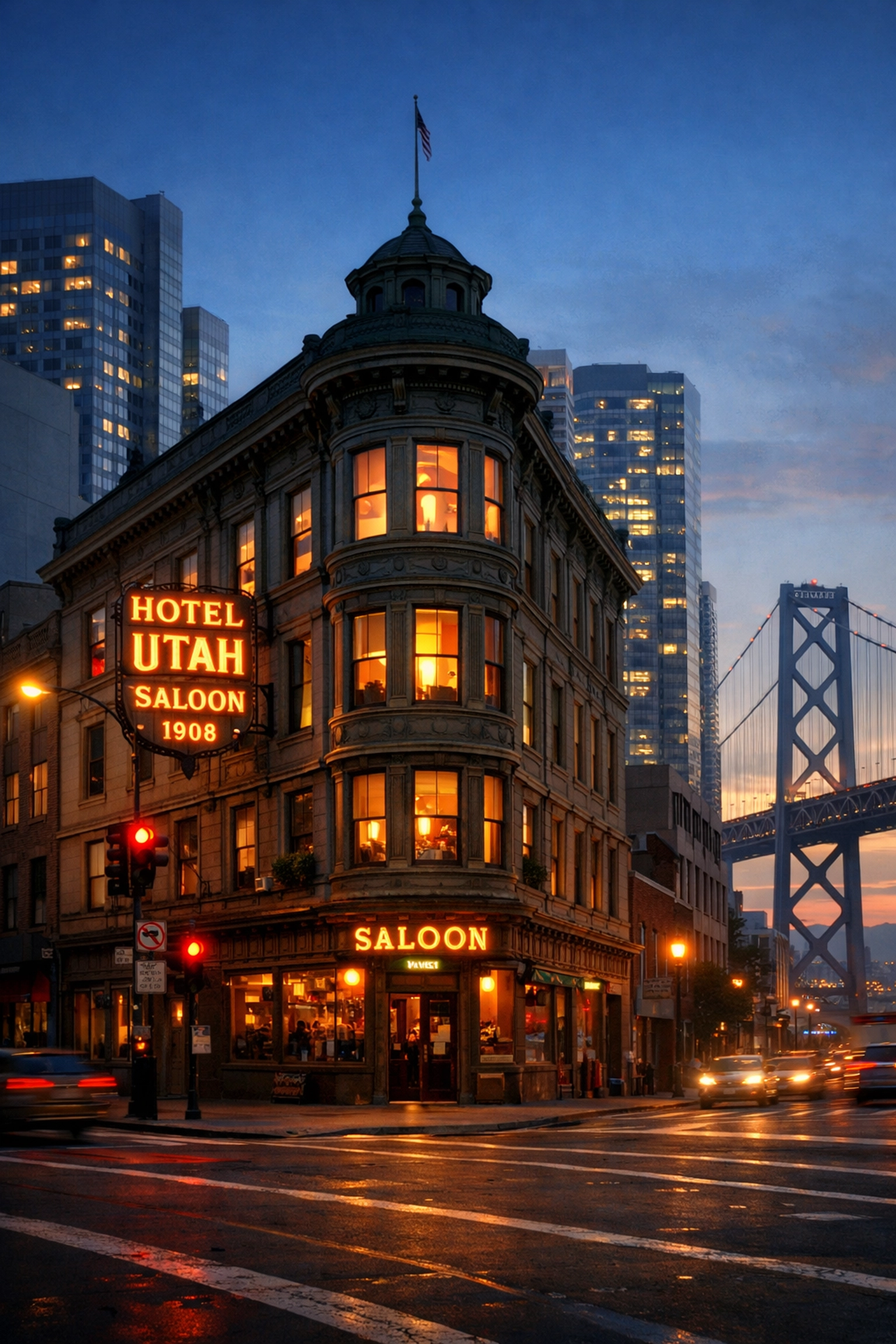 Historic Hotel Utah Saloon building exterior near Bay Bridge in San Francisco's SoMa district