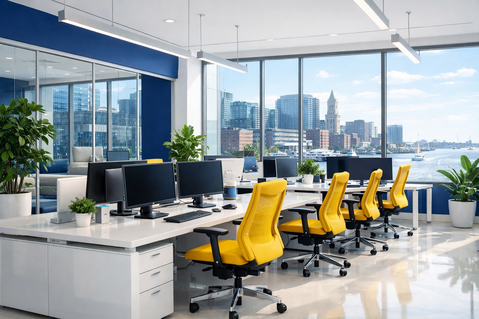 Clean and productive modern tech office in Boston Seaport with organized desks and professional cleaning standards.