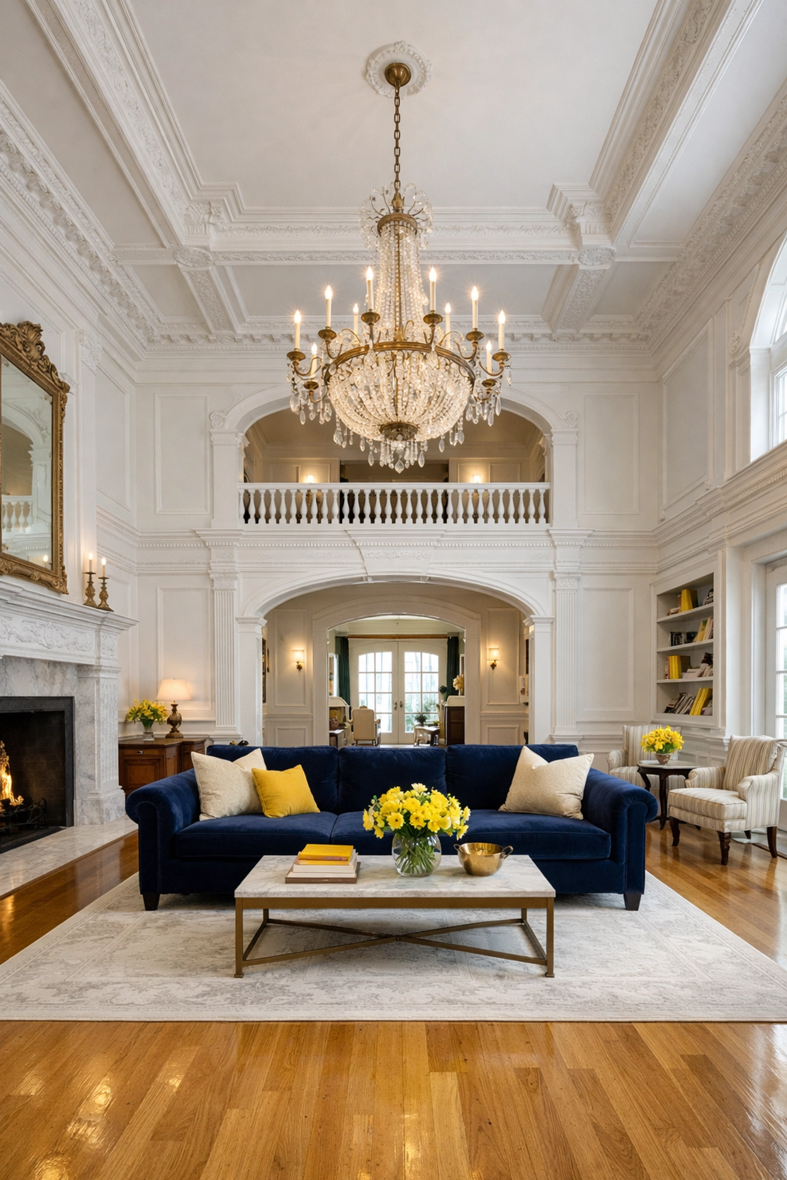 Pristine luxury Hingham living room with high ceilings after professional bi-weekly house cleaning.