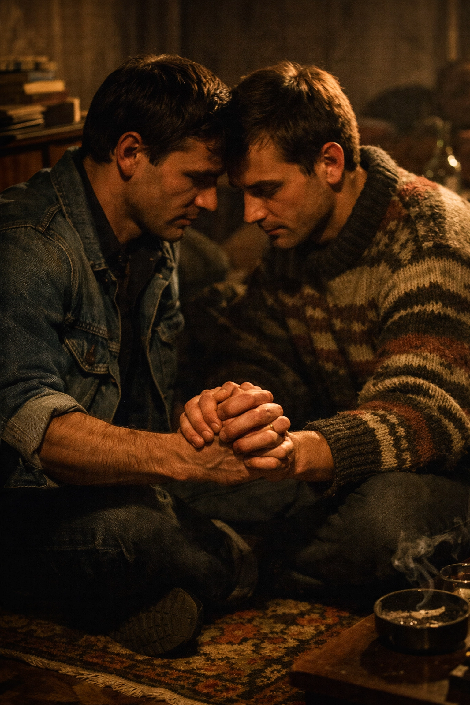 Gay men holding hands in a 1980s Polish apartment representing early LGBTQ+ resistance.