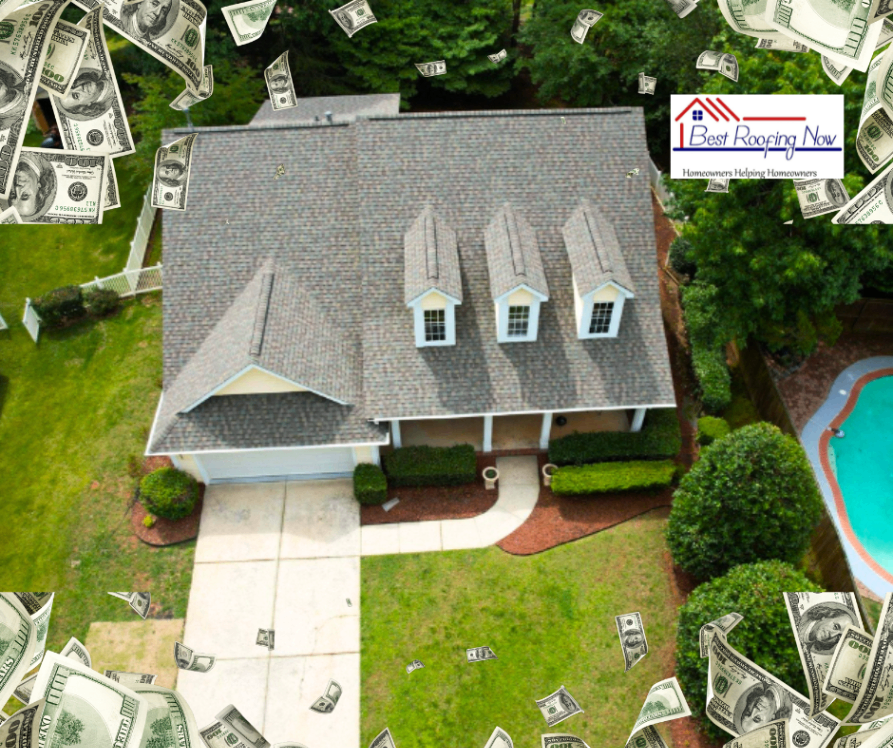 Aerial View Residential Roofing Savings Aerial view of a residential home with a well-maintained roof surrounded by floating dollar bills, highlighting potential savings or increased home value from quality roofing. The Best Roofing Now logo is displayed in the top right corner, emphasizing the company's branding and services.