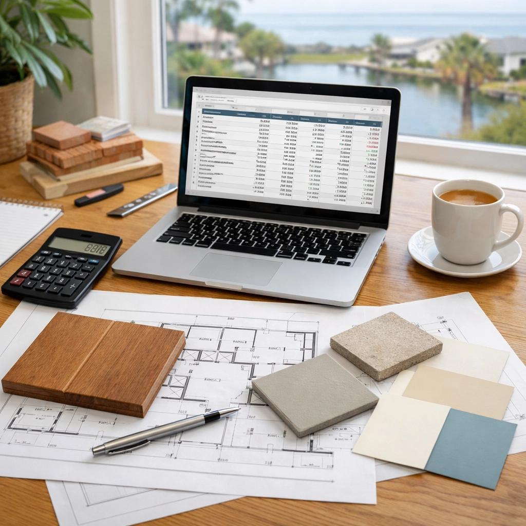 Budget planning meeting with material samples and architectural drawings for custom home project