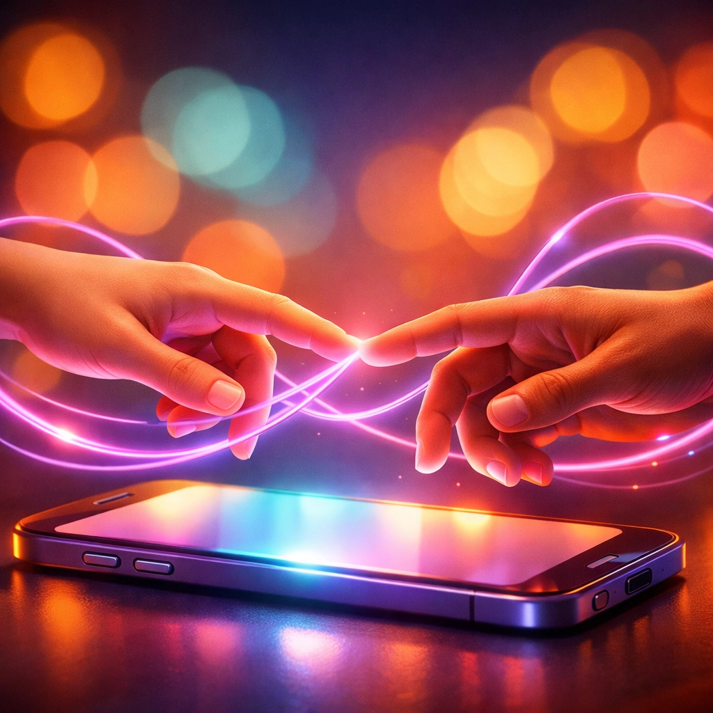 Two hands connecting across a smartphone screen representing digital intimacy and STI conversation timing