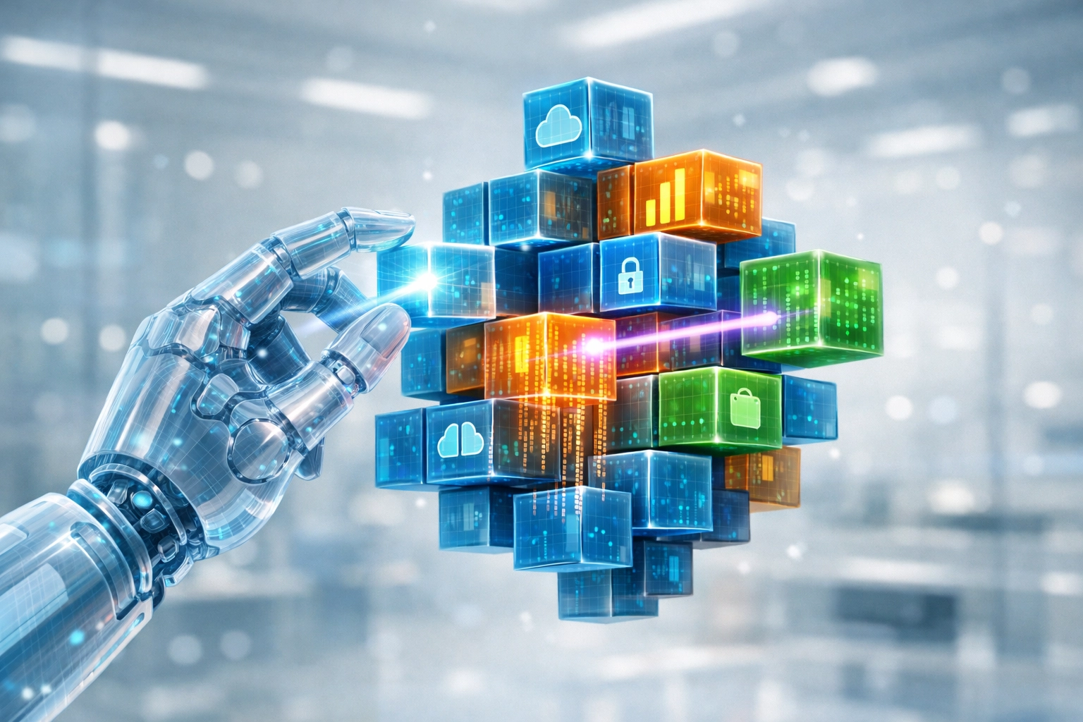 Digital blocks representing structured data entities being scanned for AI answer engine extraction.