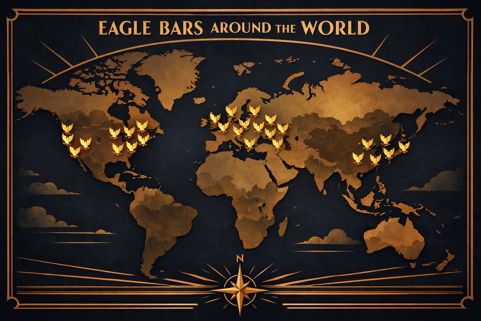 World map showing global network of Eagle gay leather bars across continents