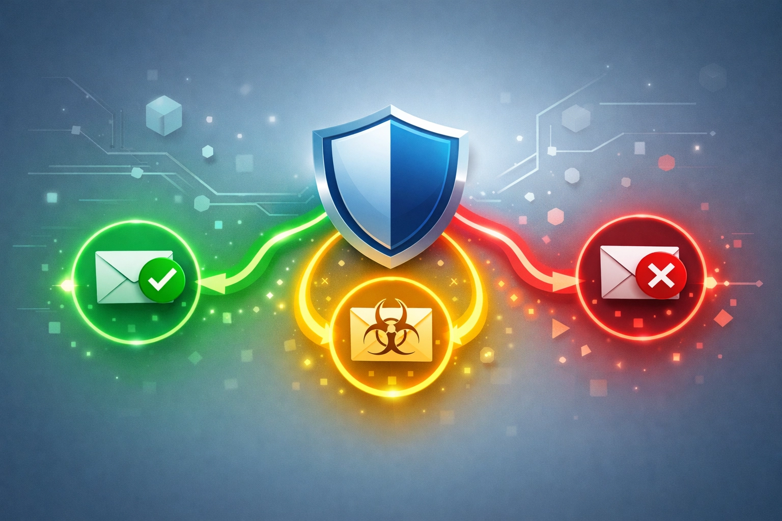 DMARC email policy enforcement showing approved, quarantined, and rejected pathways