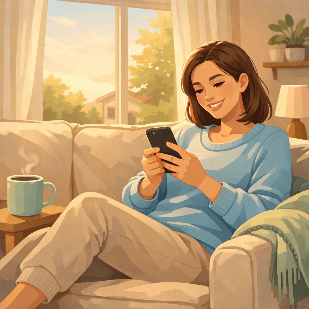 Patient comfortably texting with doctor from home couch for convenient online Wegovy consultation