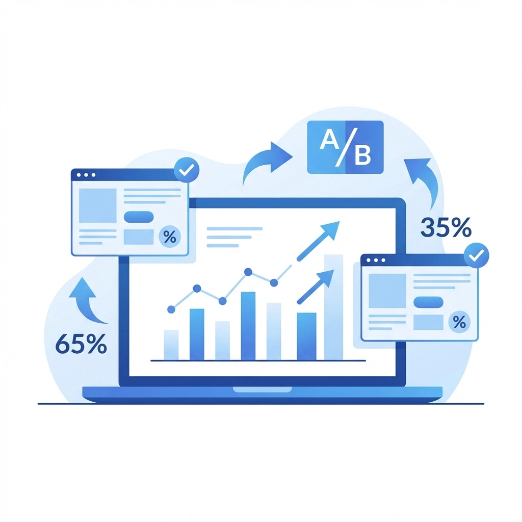 Laptop displaying website analytics and A/B test elements, representing website copy optimization and testing