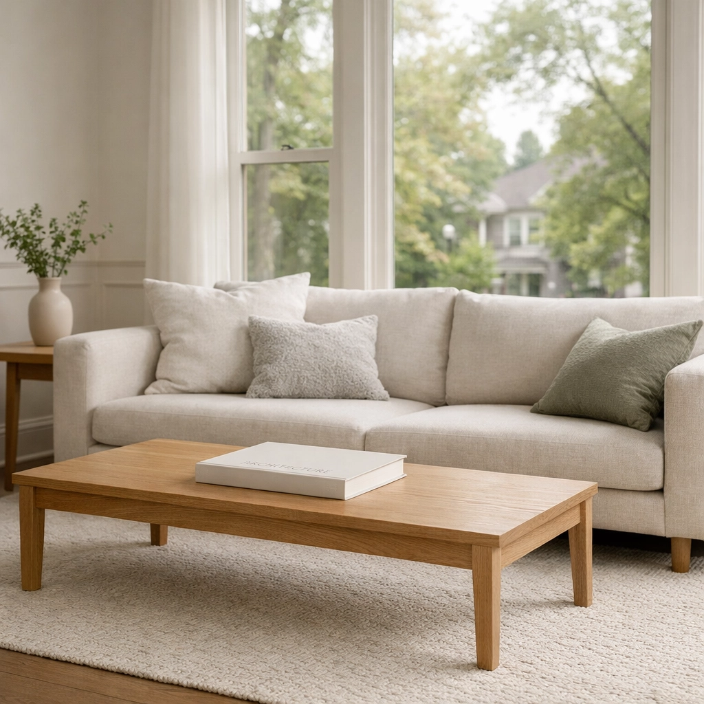 Modern minimalist living room in a Lakewood duplex designed for high-end mid-term rentals.