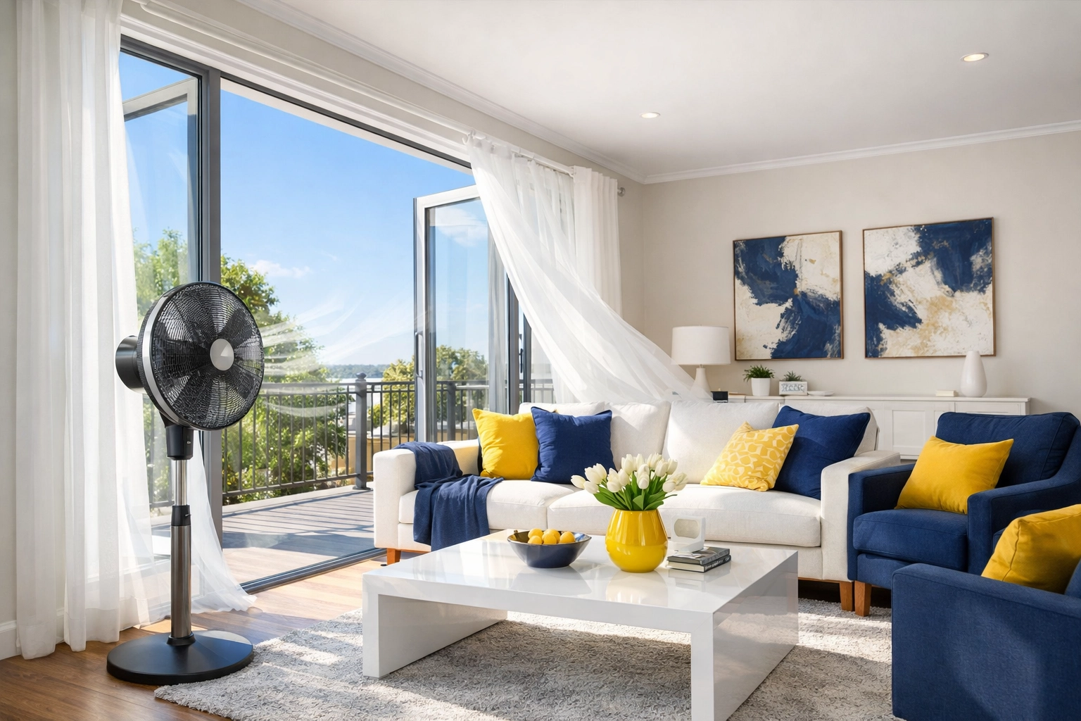 Modern living room with open windows and a fan to improve indoor air quality after home renovation.