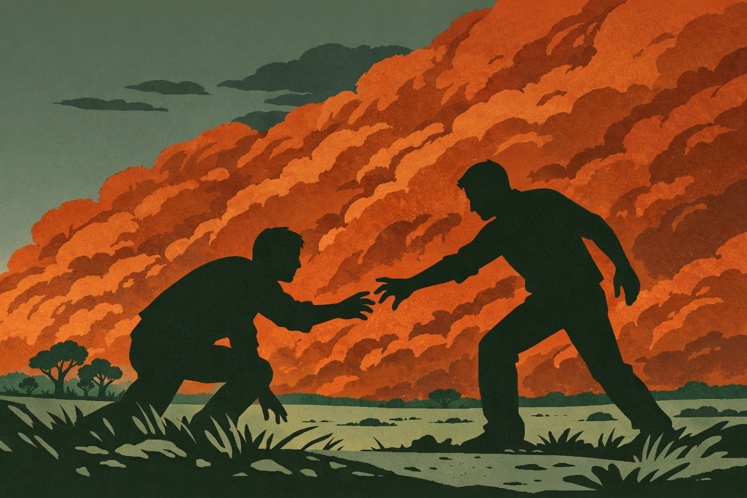 Male couple reaching through Outback dust storm symbolizing gay romance overcoming isolation