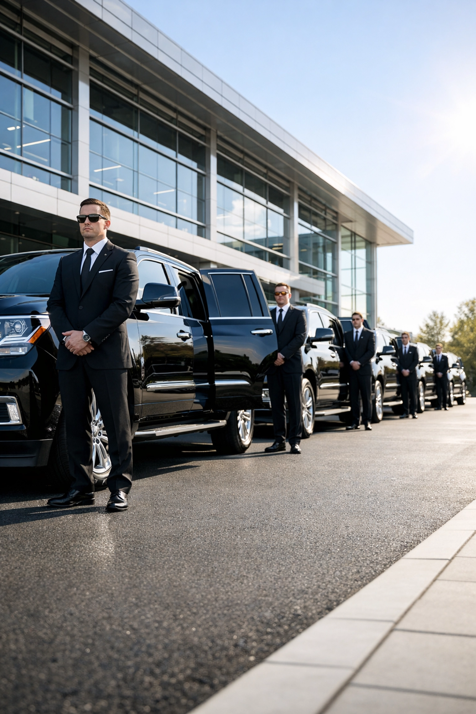 Fleet of black luxury SUVs representing elite corporate travel logistics for major events.