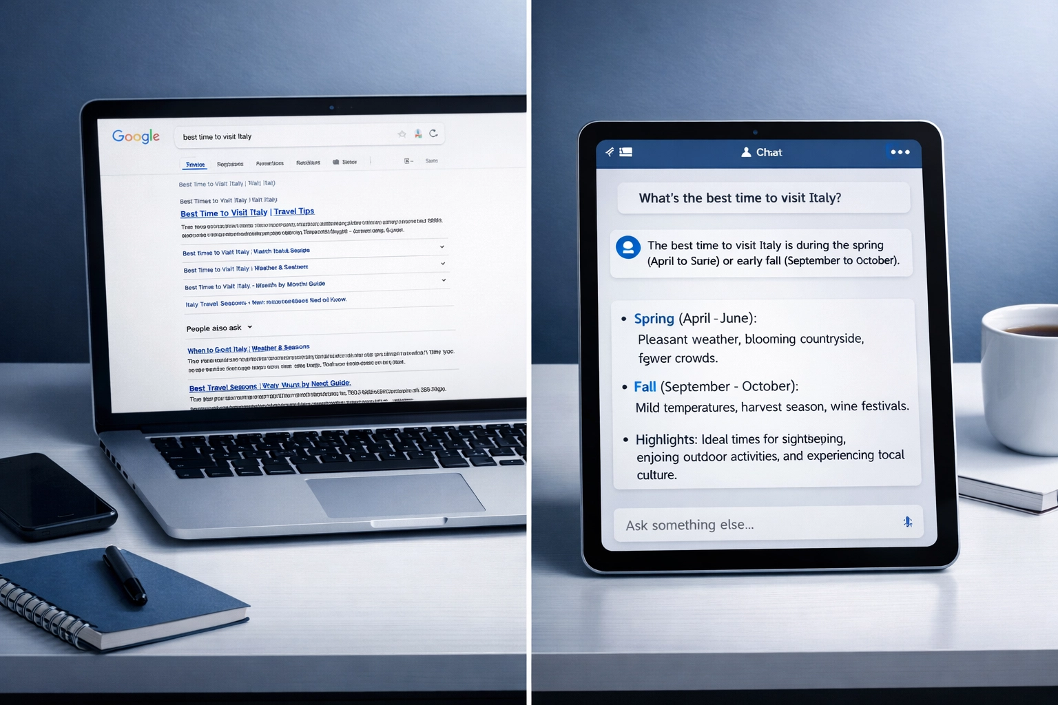 Split screen comparison of traditional Google search results versus streamlined AI-powered answer interface Split screen comparison of traditional Google search results versus streamlined AI-powered answer interface