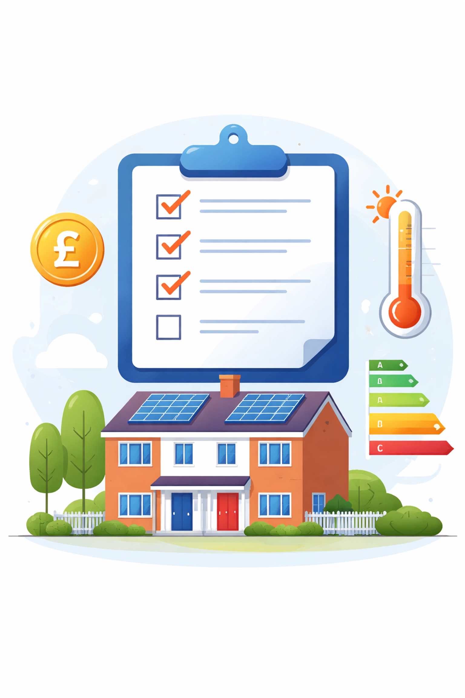 Checklist for loft insulation grant eligibility with house, pound coin, and energy rating symbols, representing UK grant options.