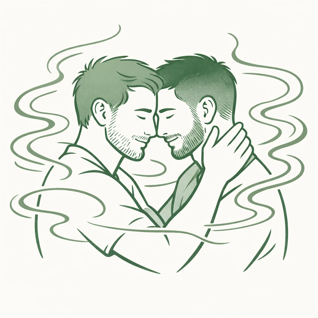 Two men in intimate embrace showing emotional bonding and sensory connection in MM romance