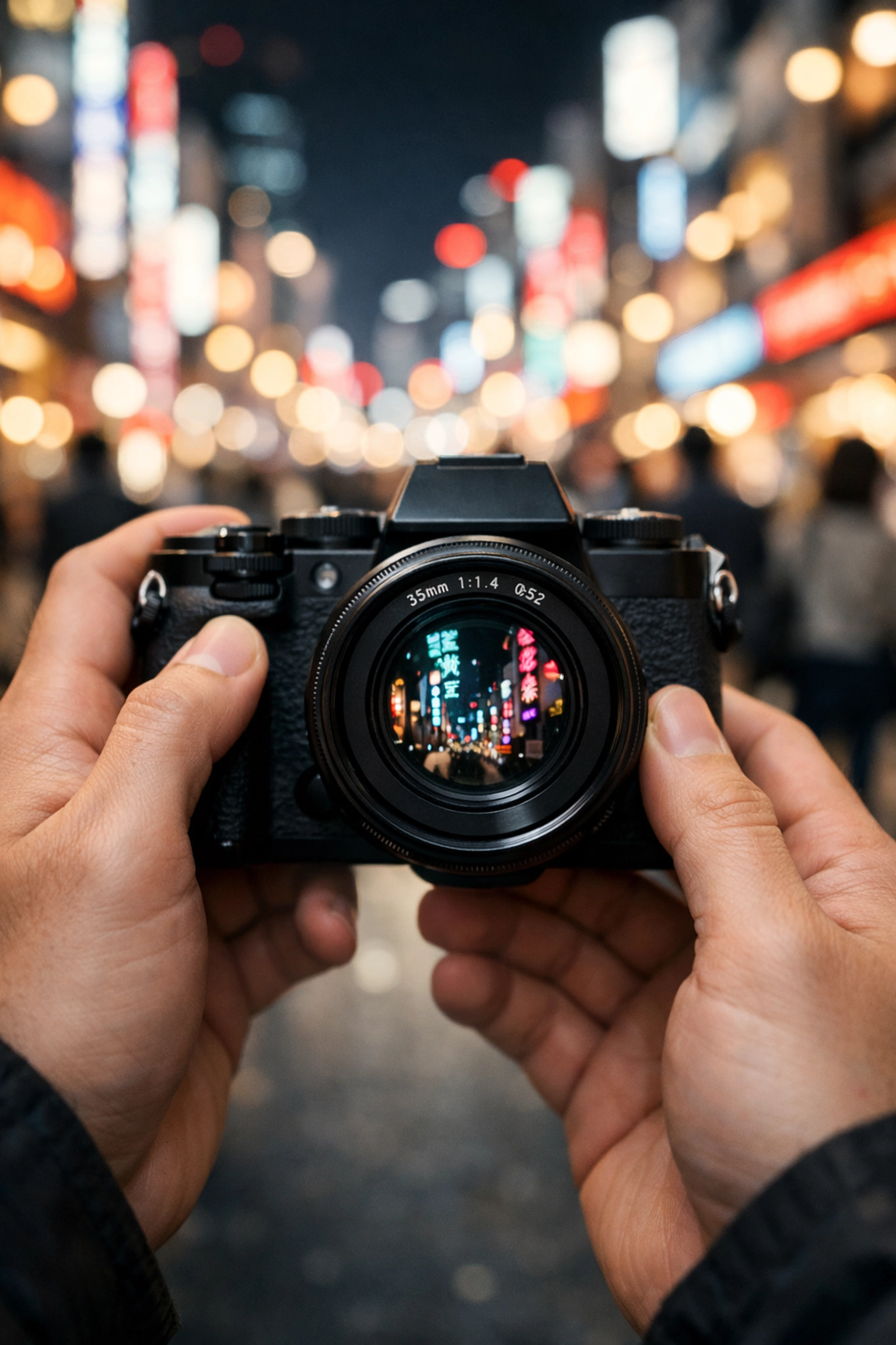 A mirrorless camera with a 35mm lens capturing city life for Street Photography 101 beginners.