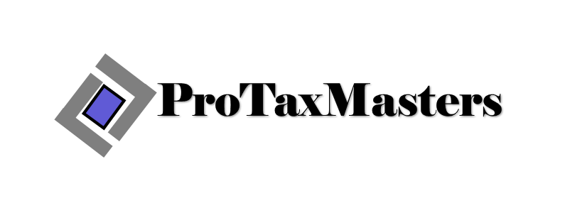 Modern, clean logo for ProTaxMasters featuring a bold, black font and a geometric icon with layered gray diamonds and a central blue diamond.