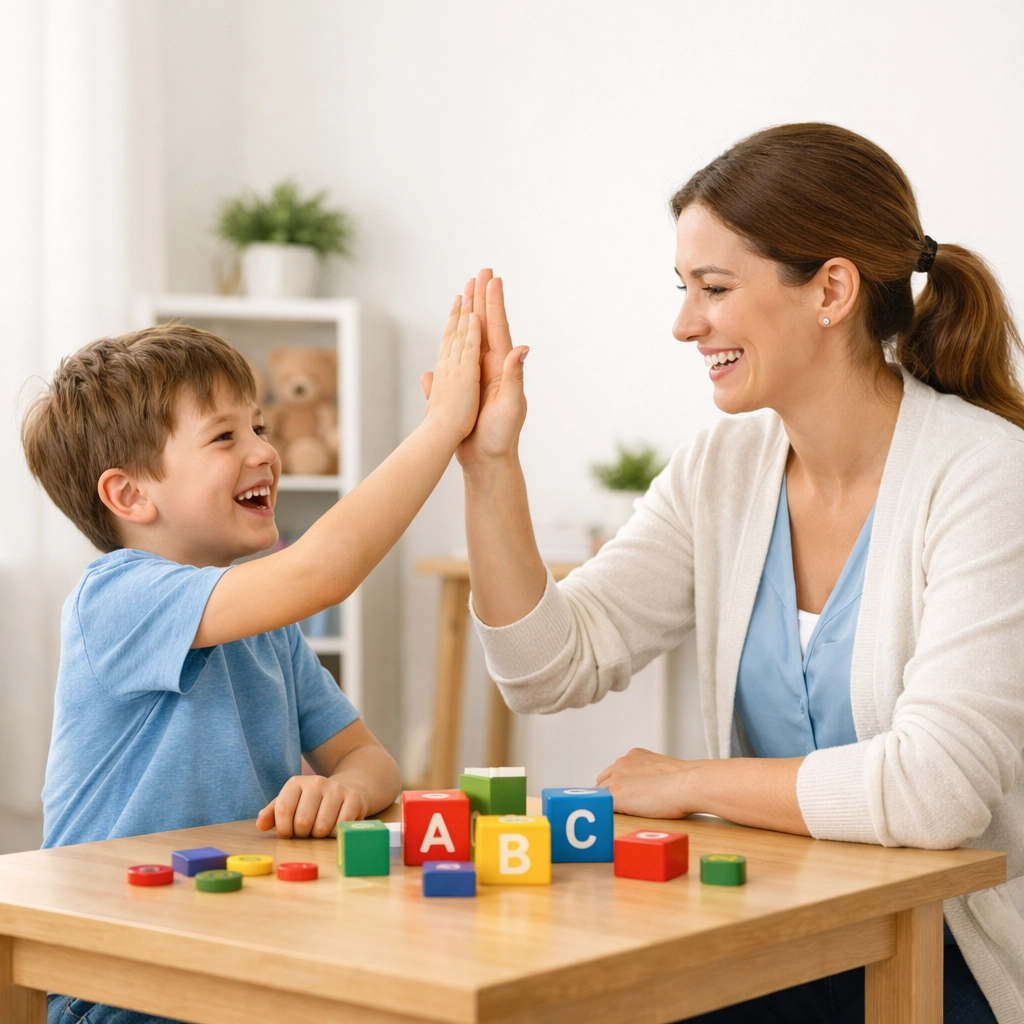 A therapist and child celebrate during an ABA therapy session covered by Georgia Medicaid.