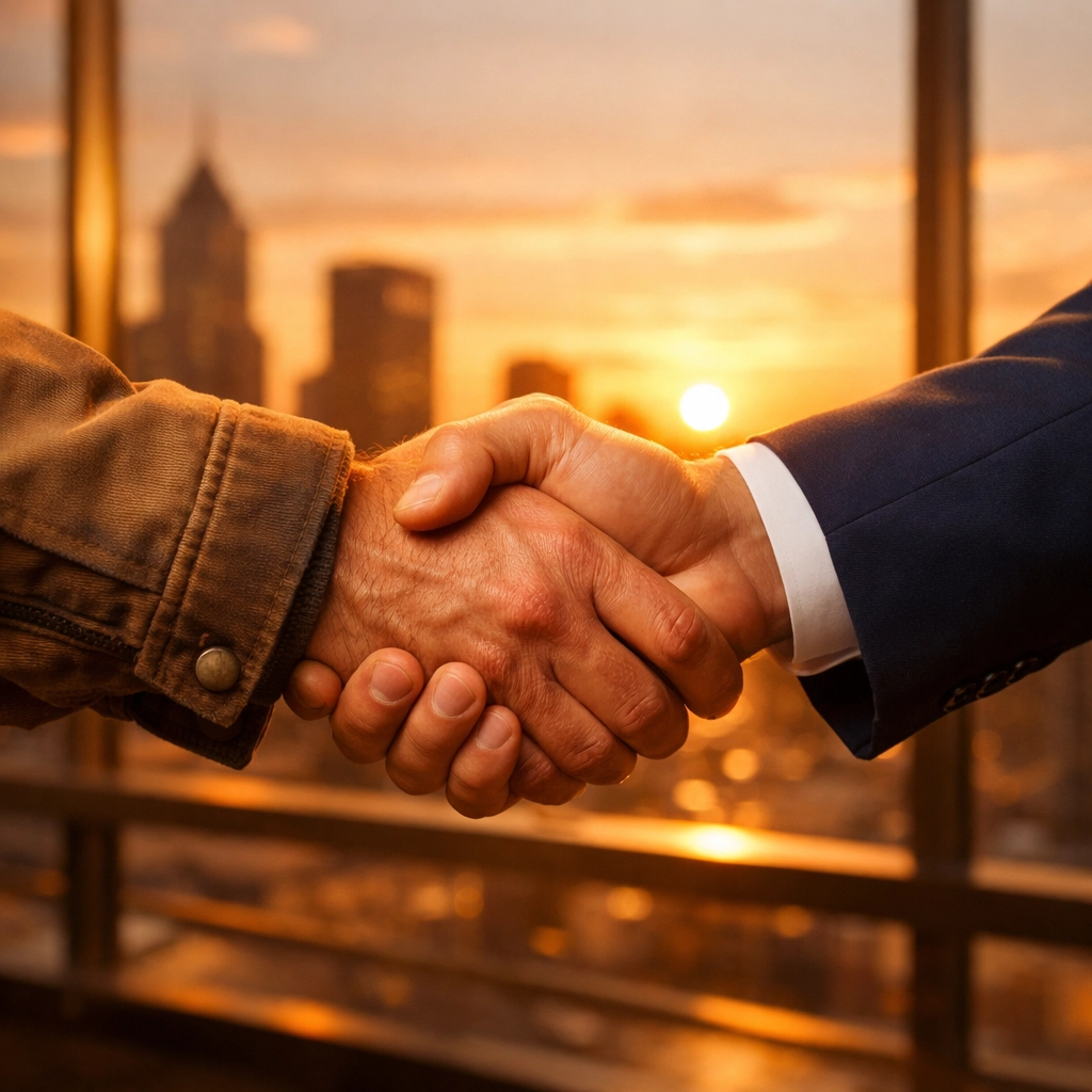 A contractor shaking hands with a website consultant representing reliable website maintenance services.