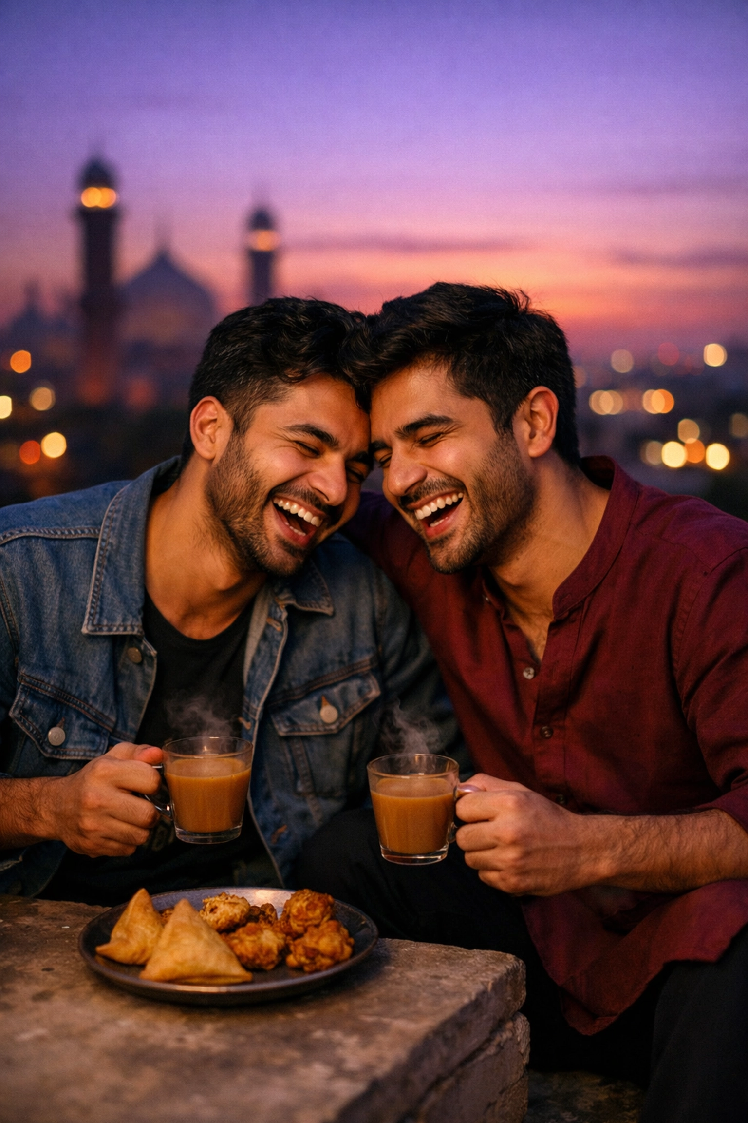 Two gay Pakistani men sharing a joyful moment on a city rooftop at dusk, reflecting modern MM romance vibes.