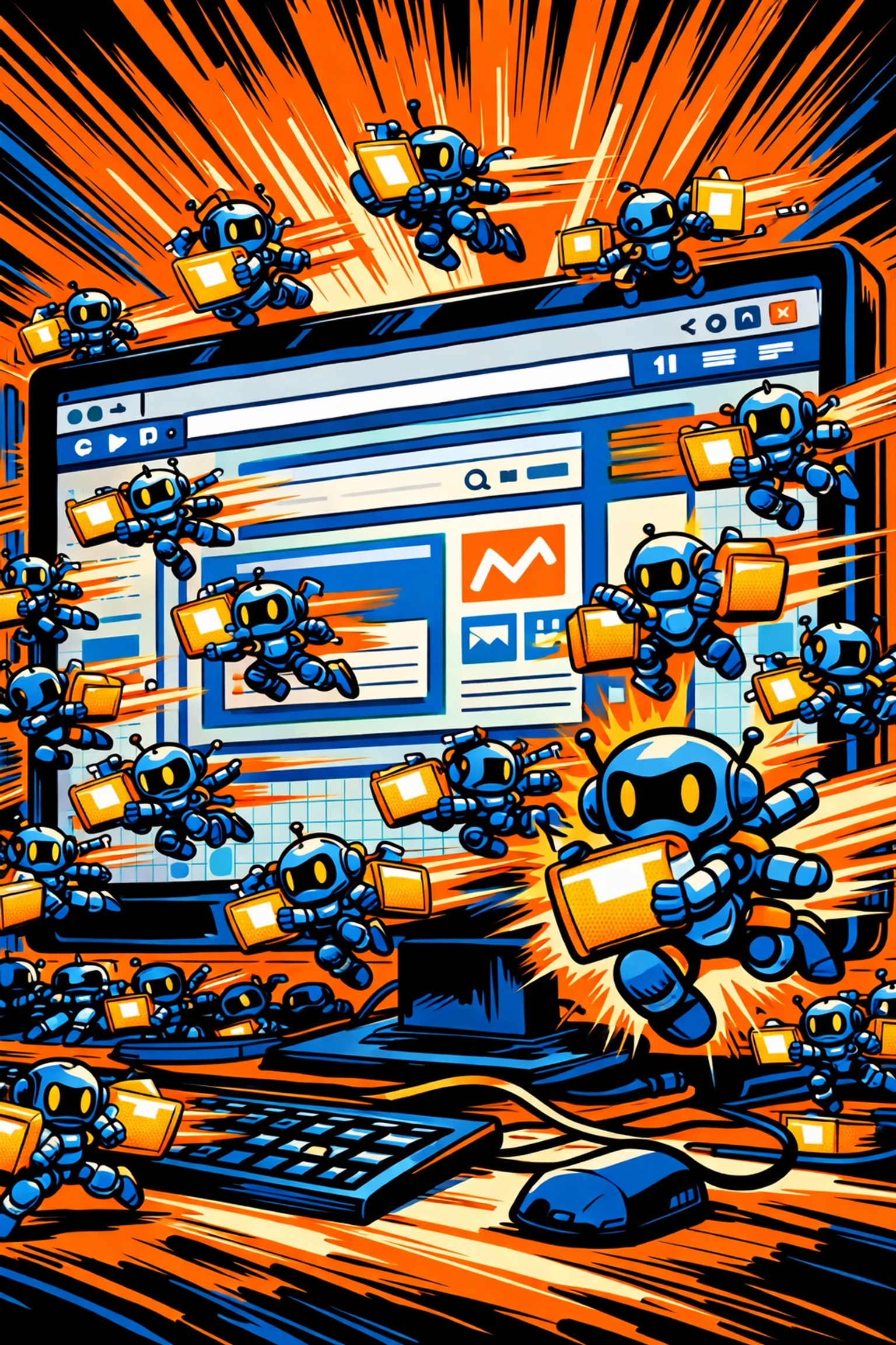 AI automation bots on a monitor moving data, showing how to automate customer support and admin tasks.