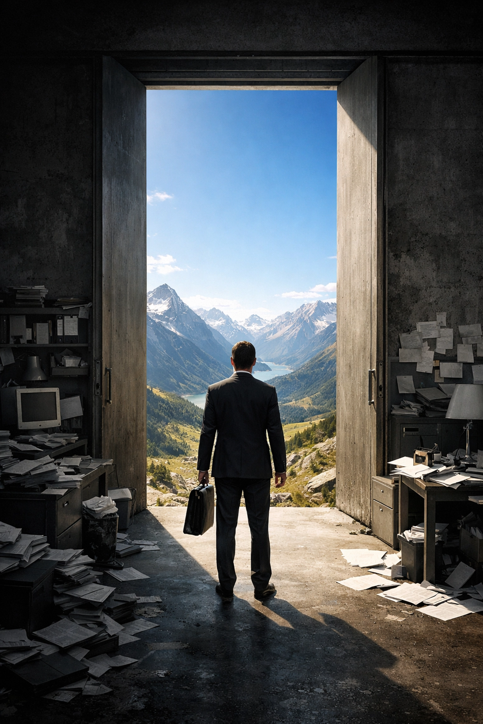A leader stepping from a cluttered office toward a vast landscape, illustrating a business breakthrough.