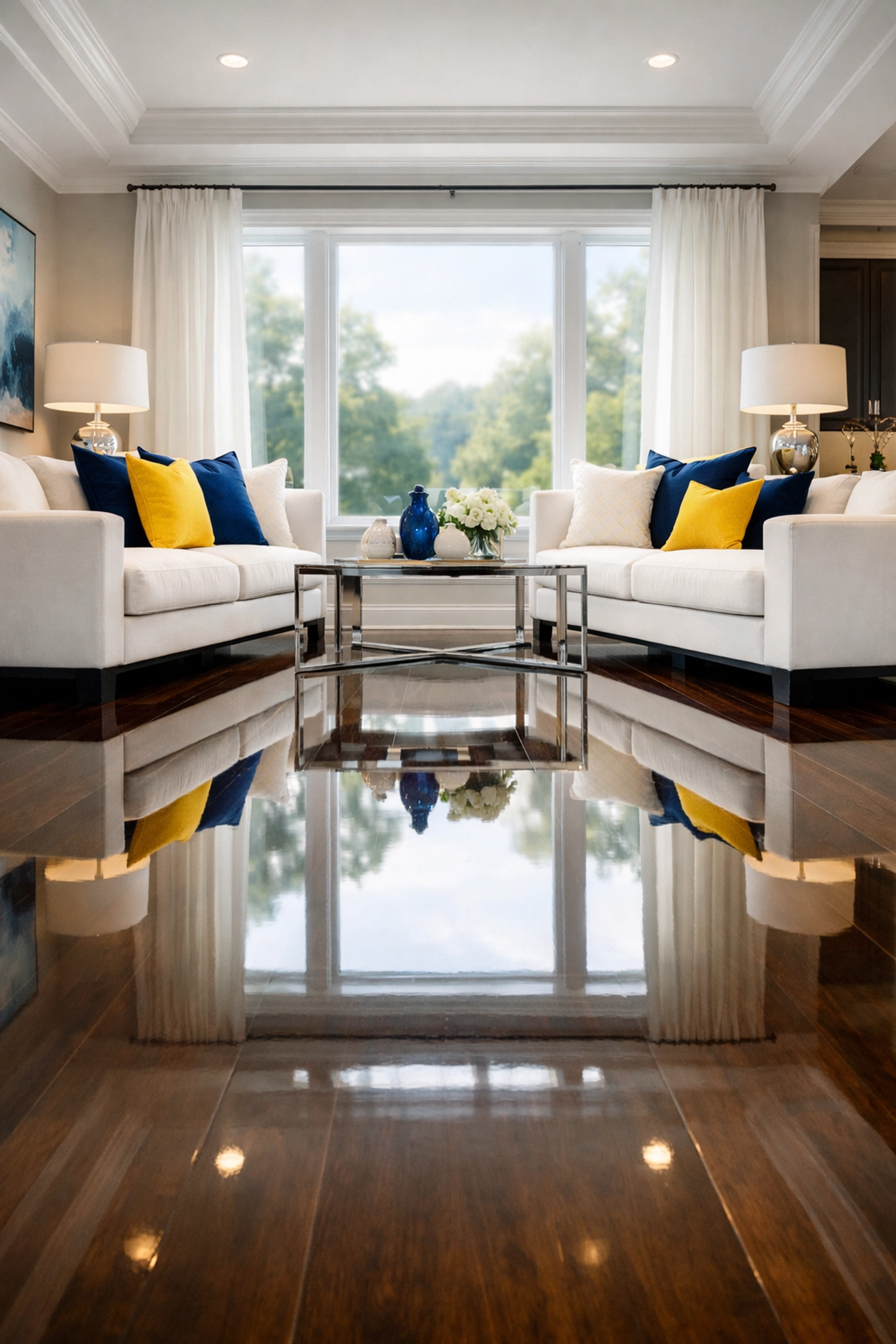 Sparkling clean living room floors and surfaces from a deep cleaning in Southborough home.