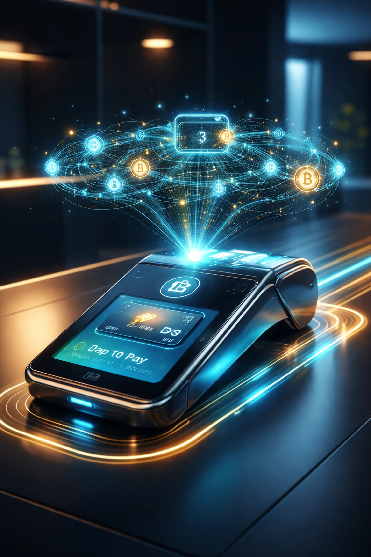 Futuristic point-of-sale terminal illustrating Web3 global payments and blockchain for reducing merchant interchange fees