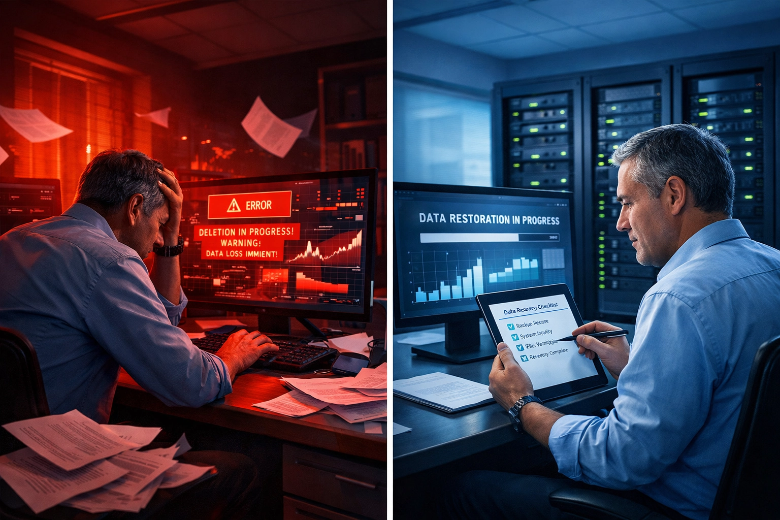 IT disaster chaos versus controlled data recovery process with documented restore procedures