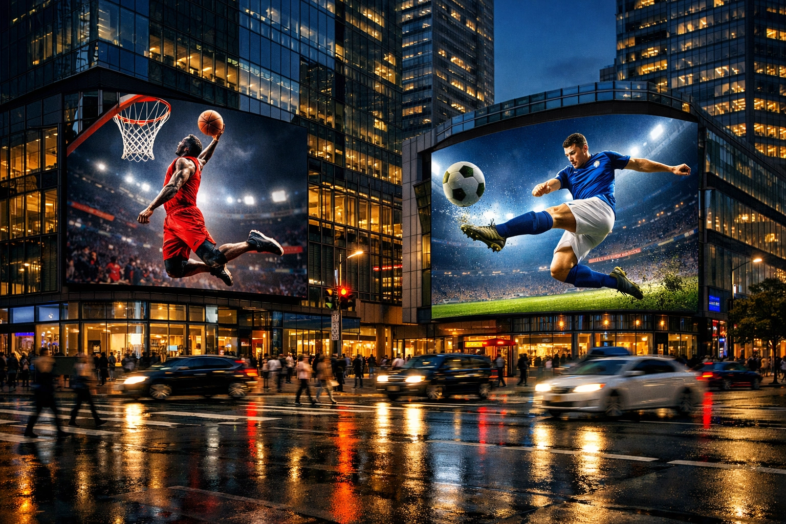 Digital out-of-home screens displaying sports ads in a busy metropolitan city at twilight.