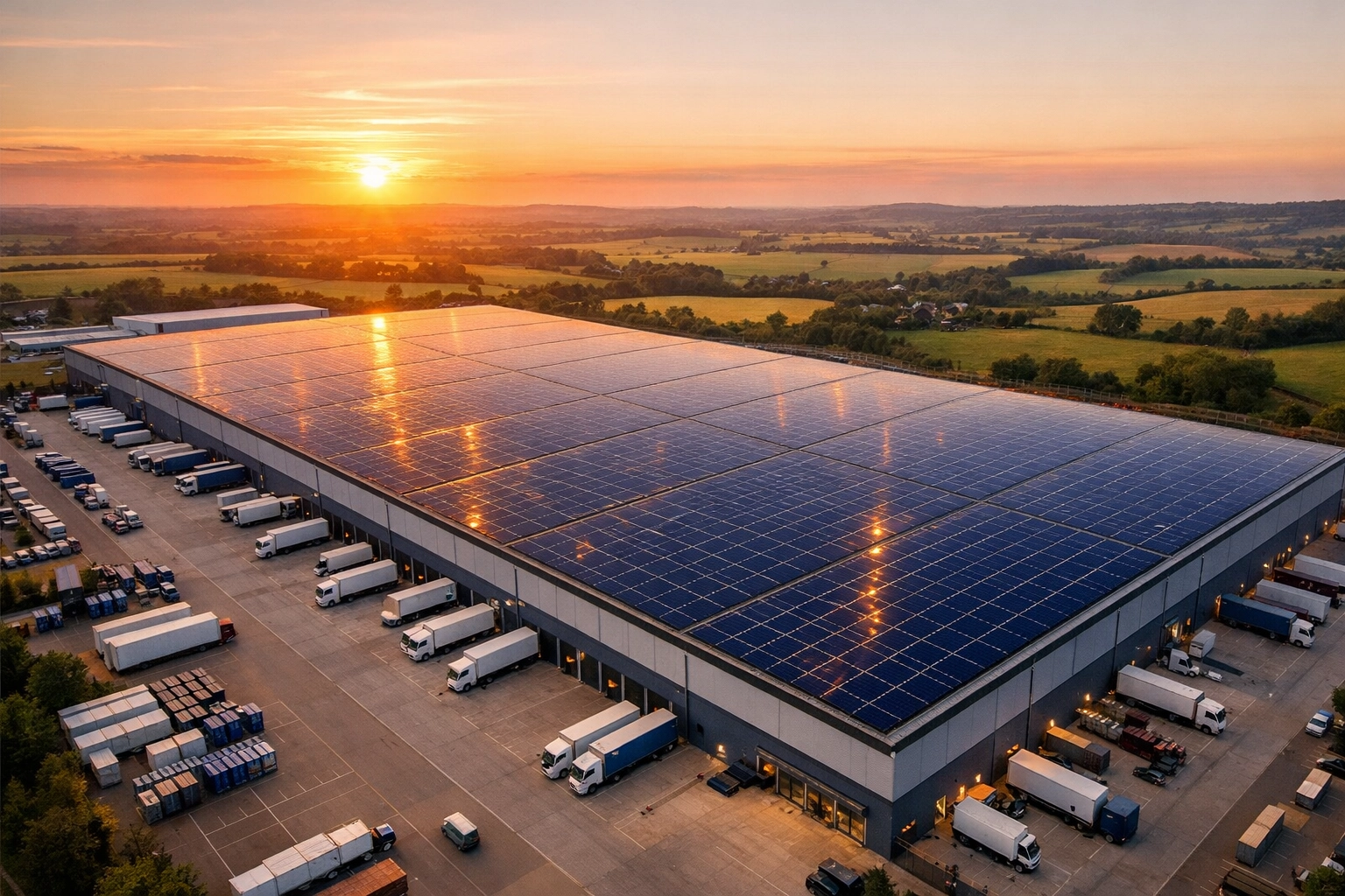 Modern UK distribution center with extensive commercial solar panel installation.