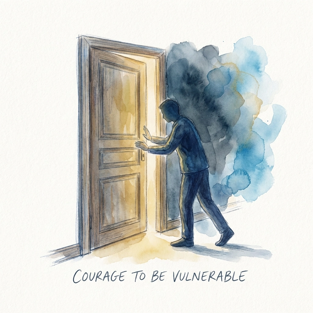 Illustration of a person opening a door to warm light, symbolizing vulnerability and deeper Christian community.