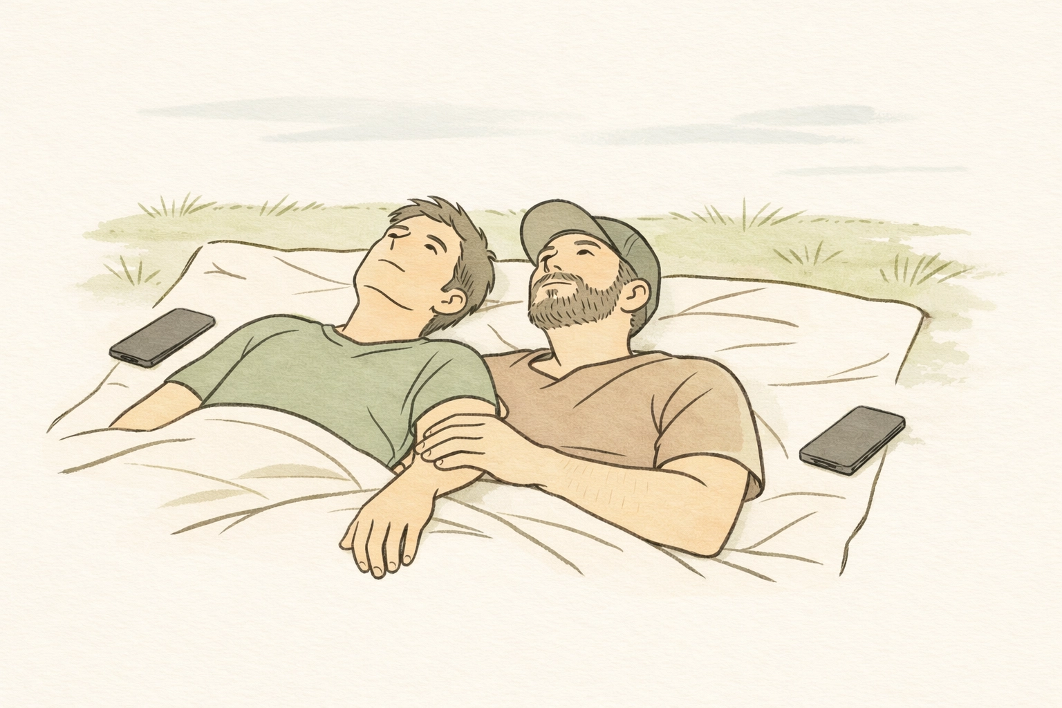 Two men enjoying technology-free picnic date lying on blanket looking at sky