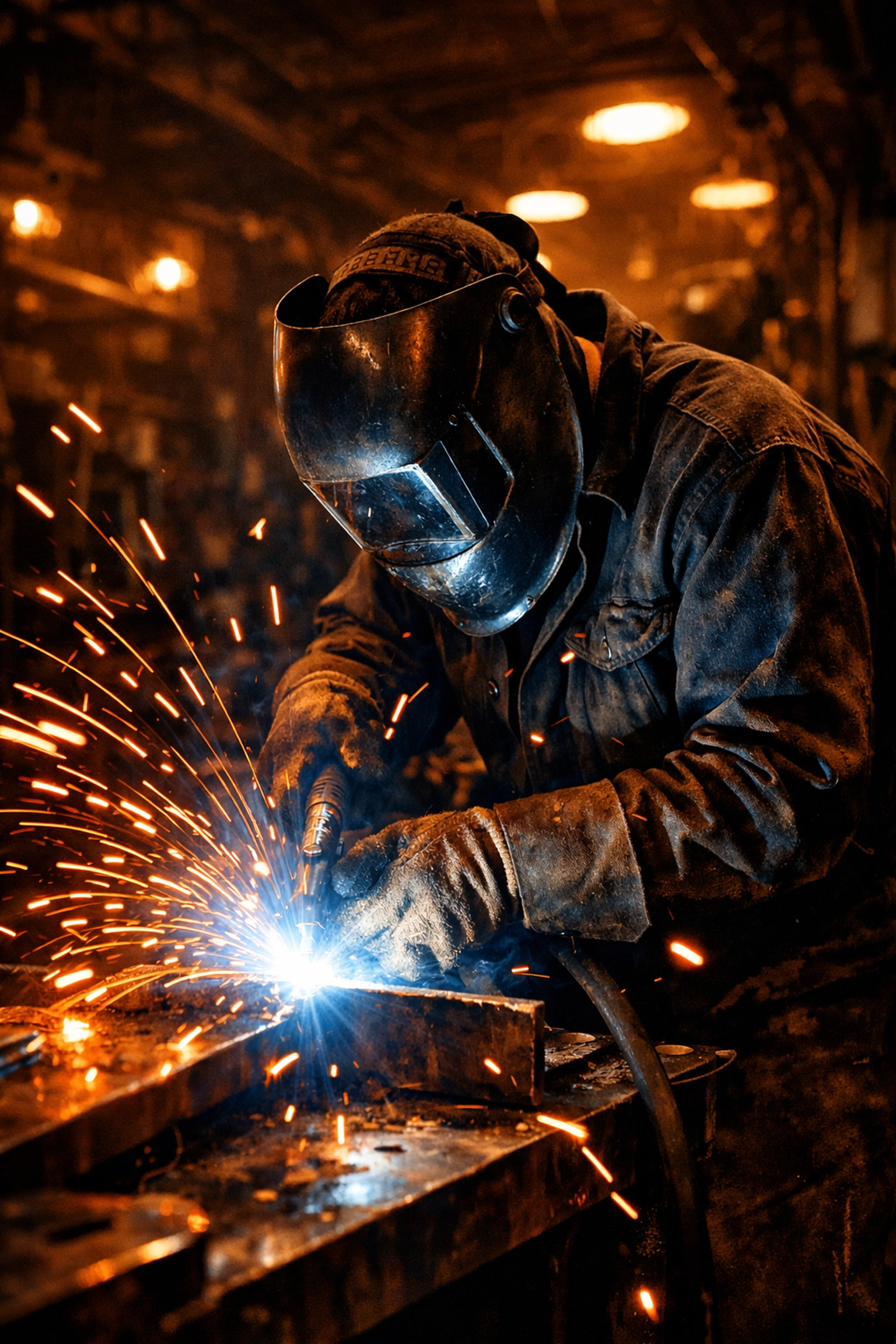 Skilled welder working in Fort Wayne fabrication shop with sparks flying during production