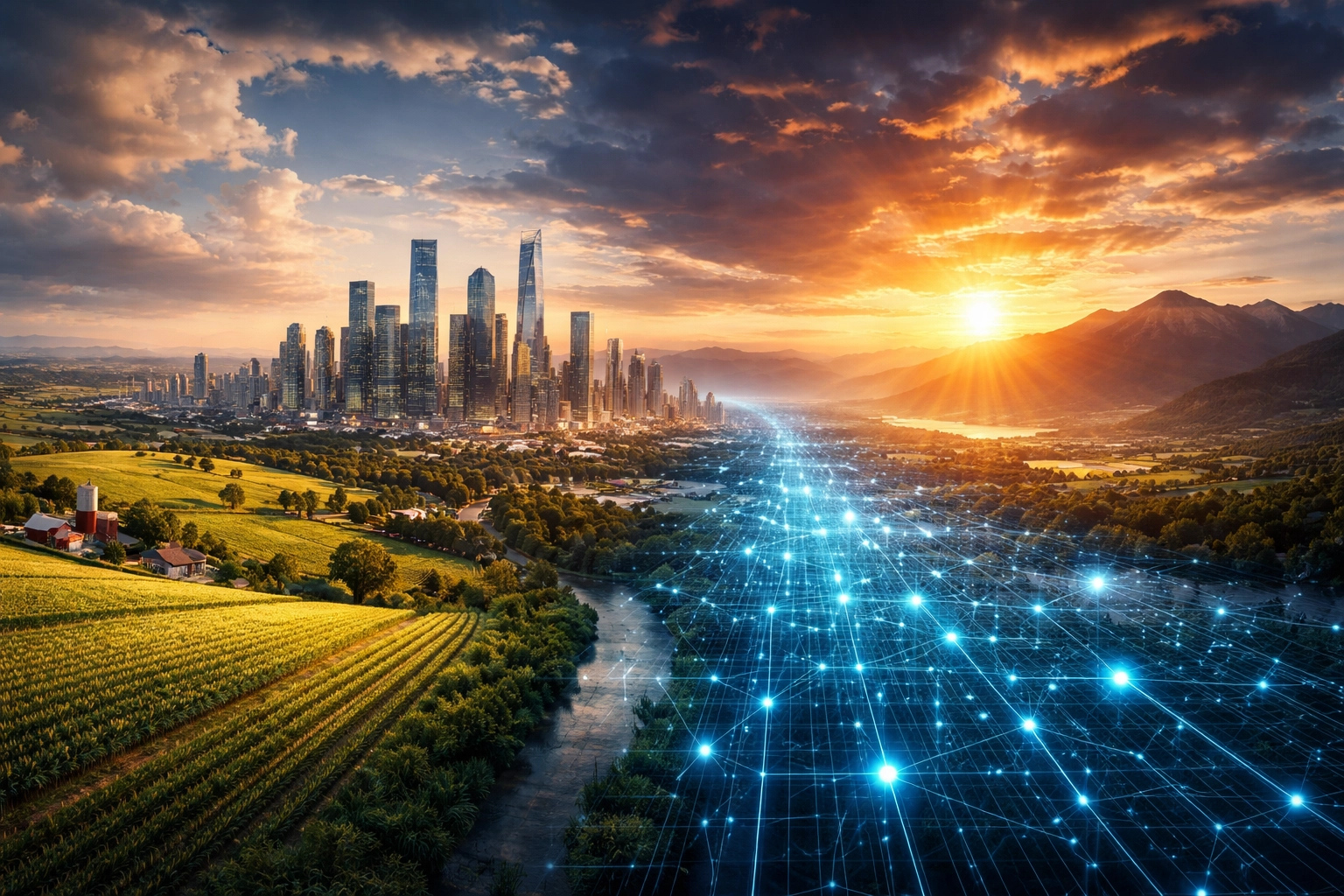 Wide view of farmland, city, and digital nodes symbolizing alternative investment options in diversified portfolios.