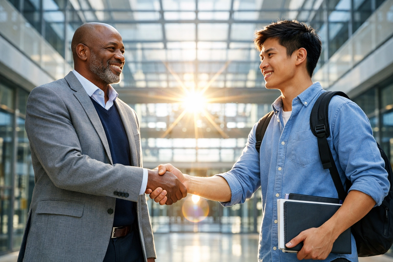 An executive and student shaking hands in a modern atrium, representing a talent pipeline partnership.