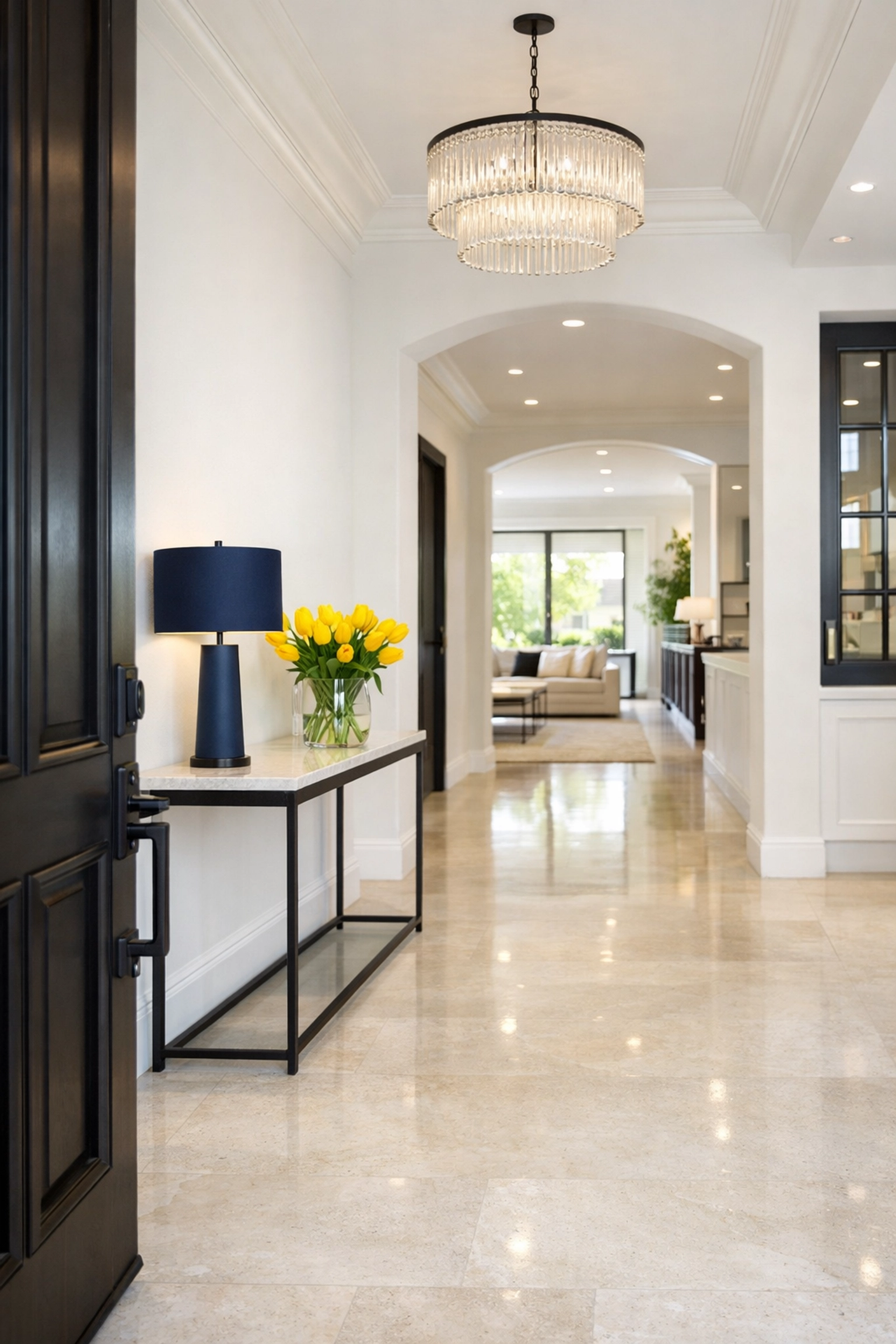 An inviting move-in ready home entryway with polished stone floors after a professional deep cleaning service.