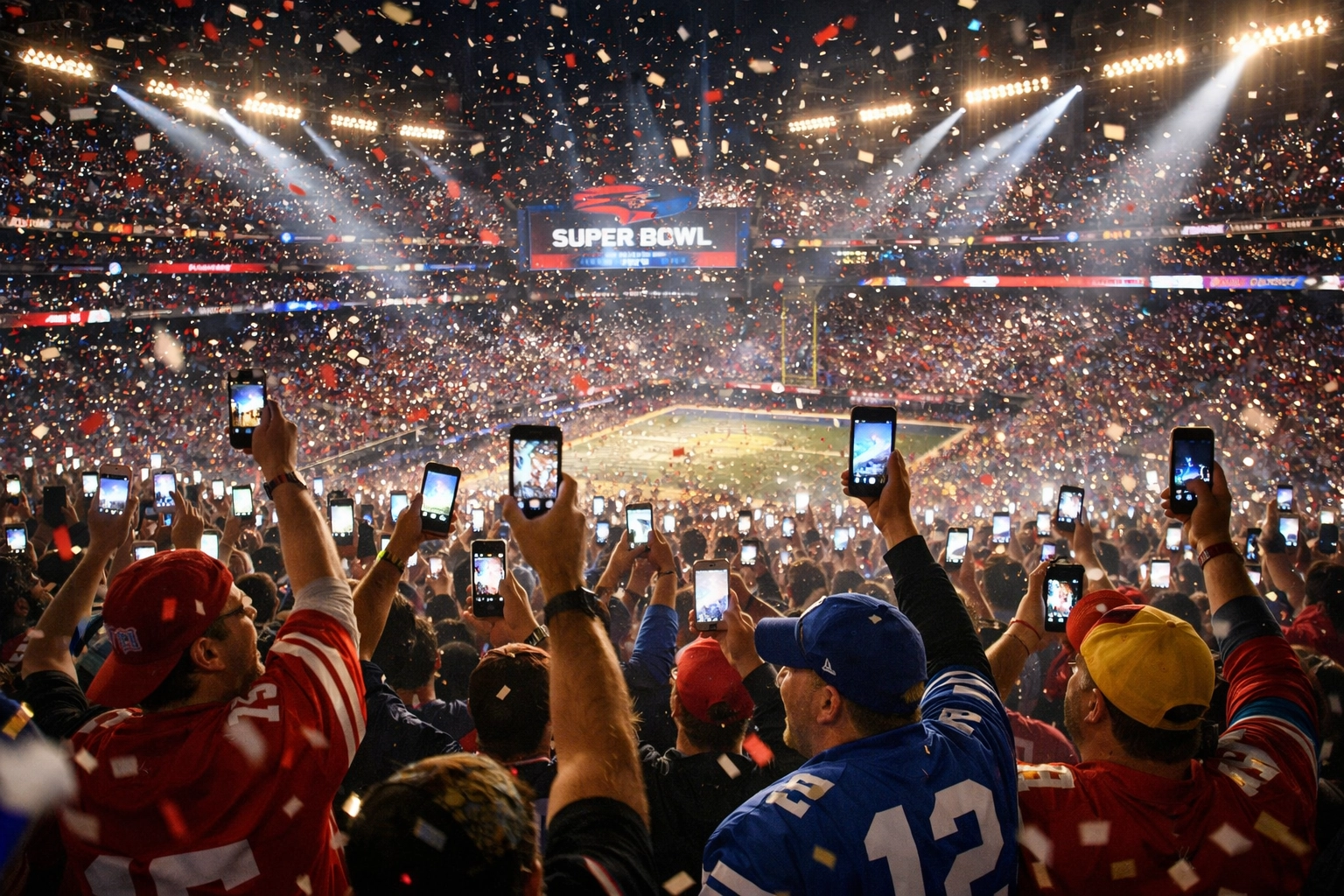Super Bowl stadium crowd recording game on smartphones showing social media engagement