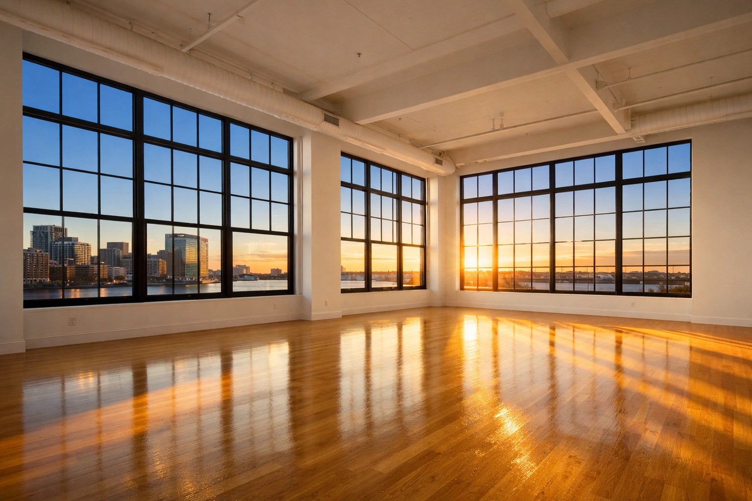 Sparkling clean empty luxury living room in Boston Seaport loft after professional move-in cleaning services.