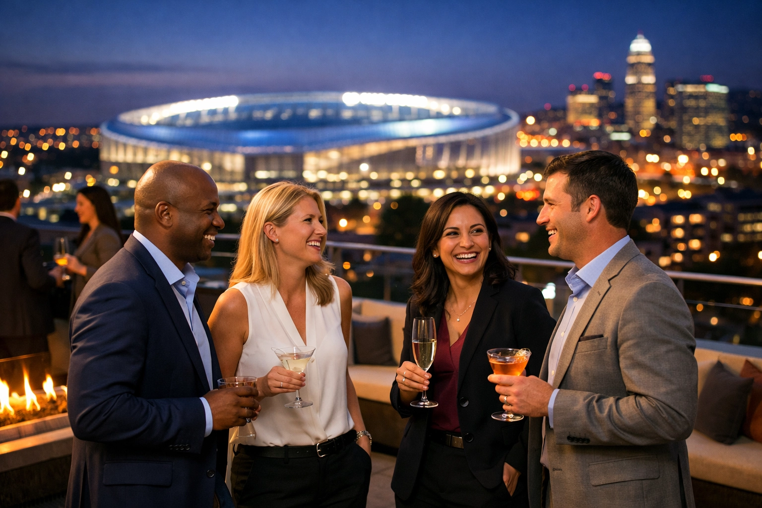 Corporate hospitality networking at a luxury rooftop lounge with views of the Super Bowl stadium.