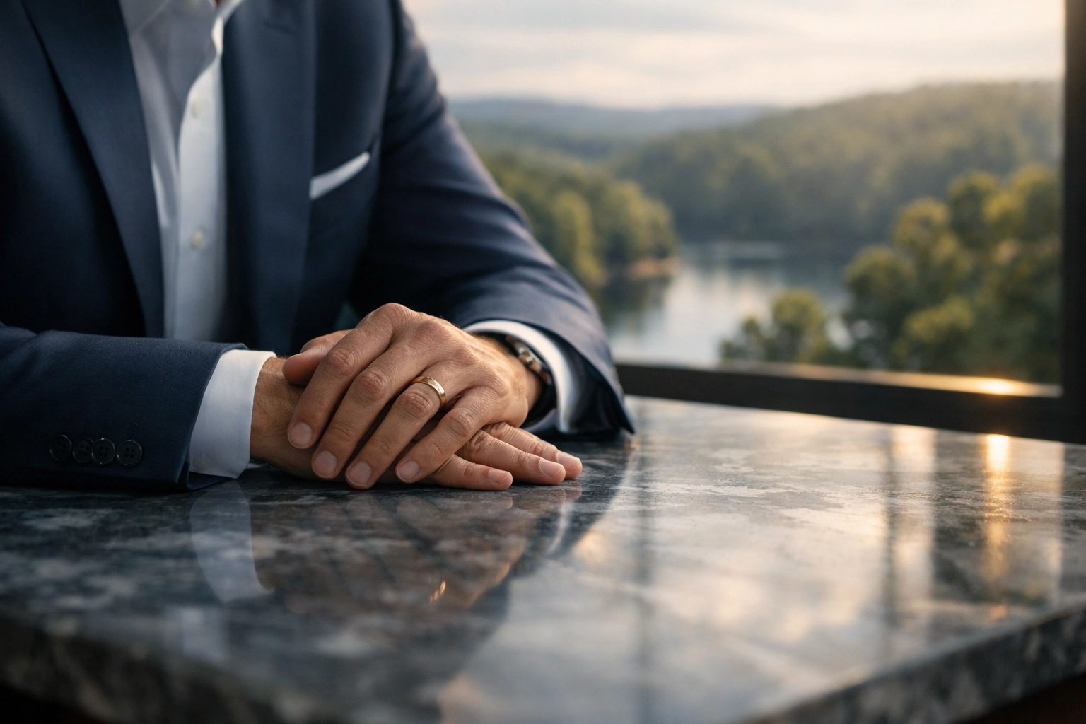 Business owner confidently finalizing an exit strategy with a view of the Alabama landscape.