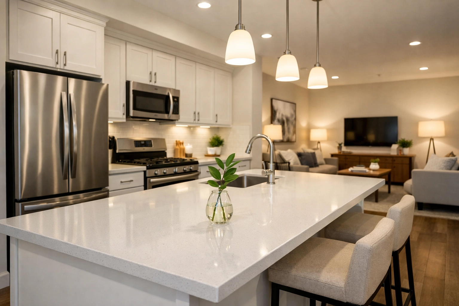 Staged move-in ready luxury apartment kitchen featuring professional-grade cleaning for multi-unit property turnovers.