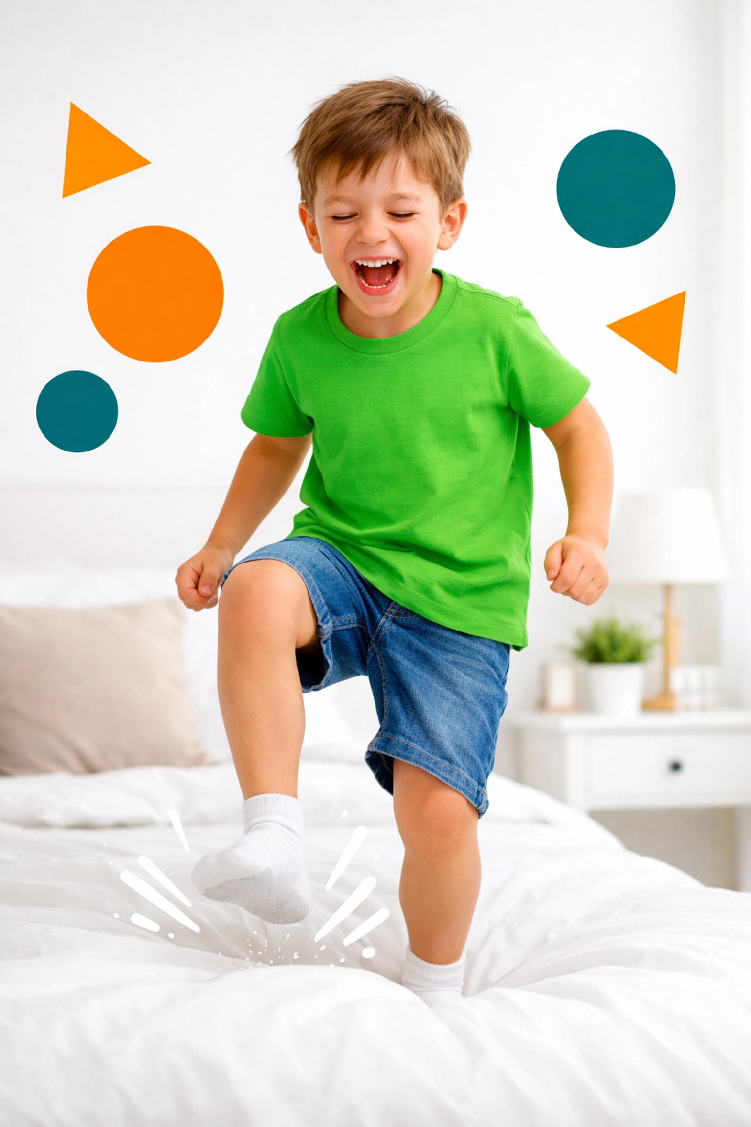 A joyful boy practicing a physical stomp routine to build confidence and morning self-regulation.